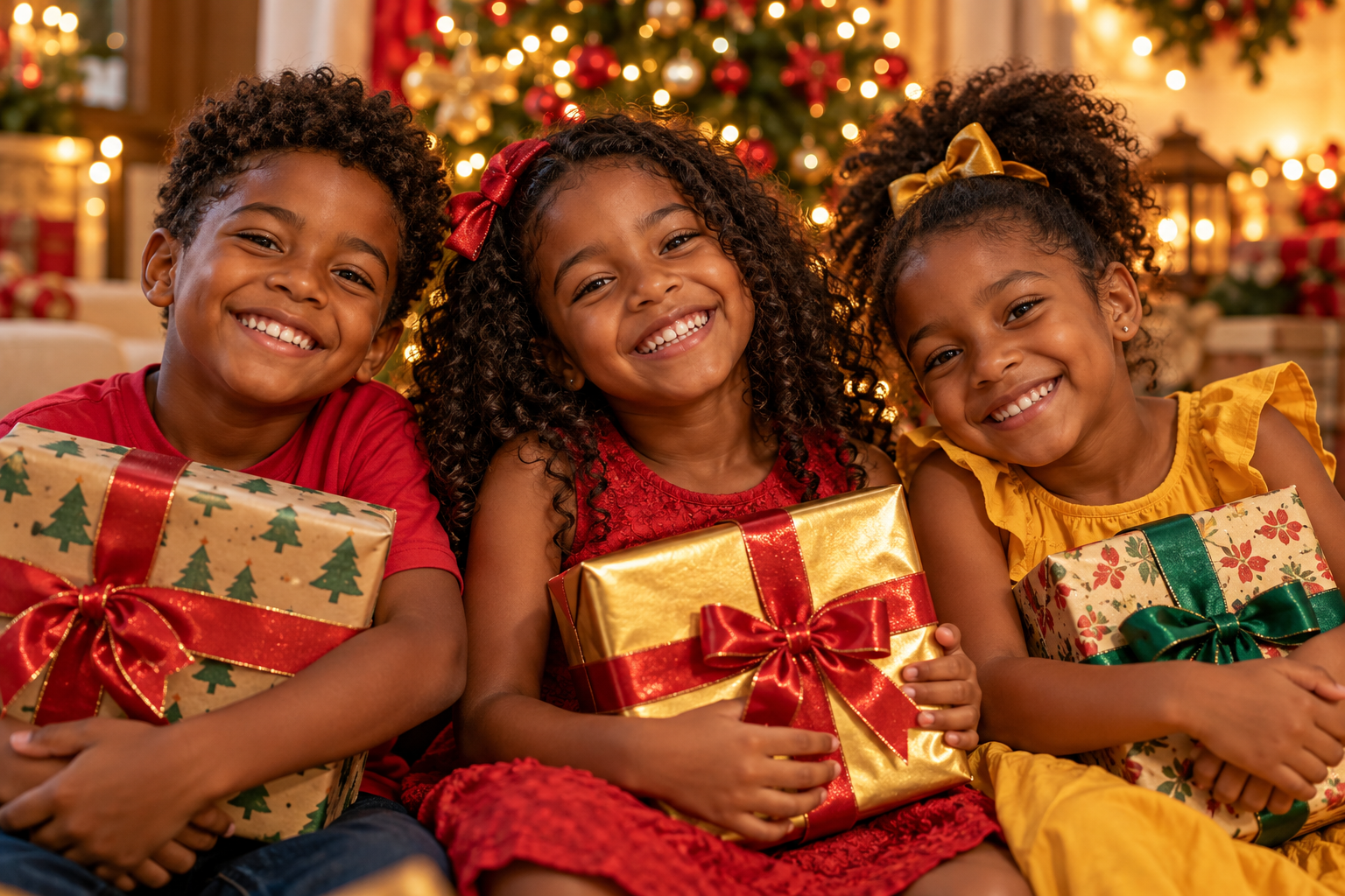 Imagem ilustrativa de crianças sorrindo com presentes de Natal