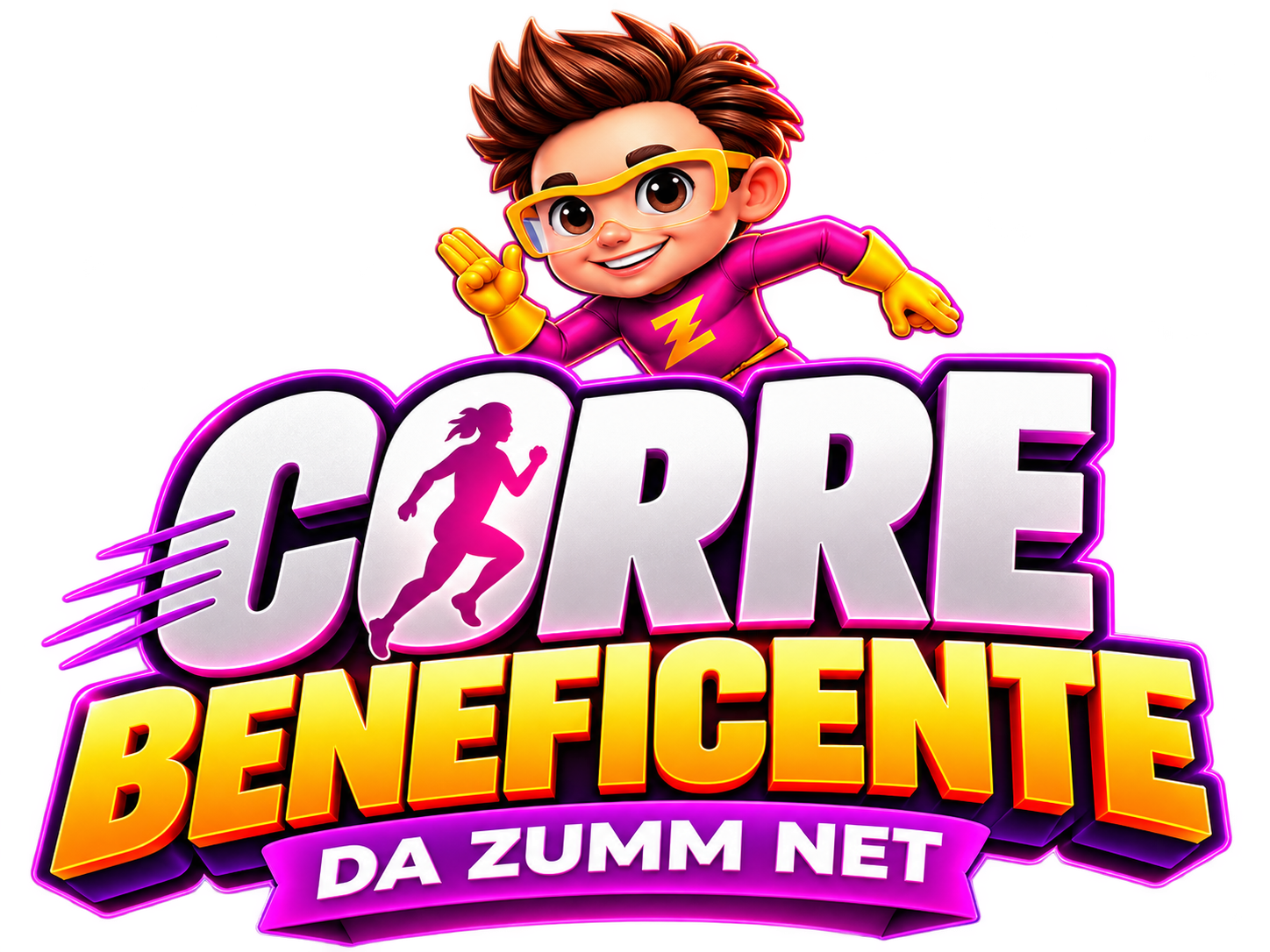 Logo oficial do Corre Beneficente da Zumm Net, com o mascote corredor